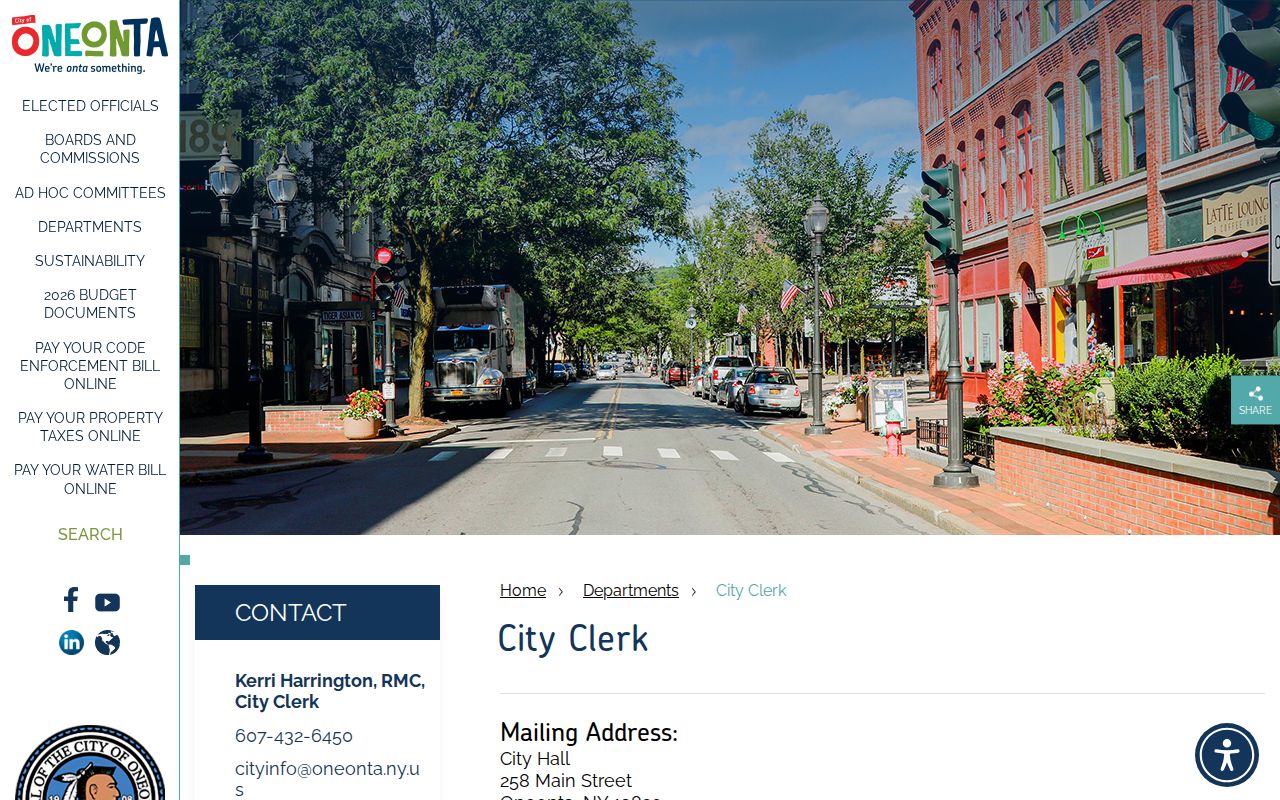 Oneonta criminal records City Clerk request contact